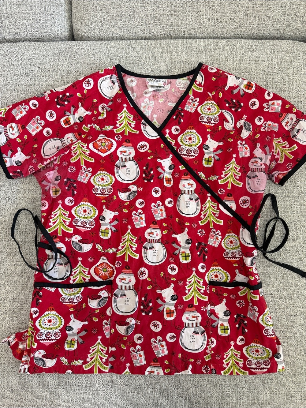 UA Scrubs Red Holiday Print Wrap Top